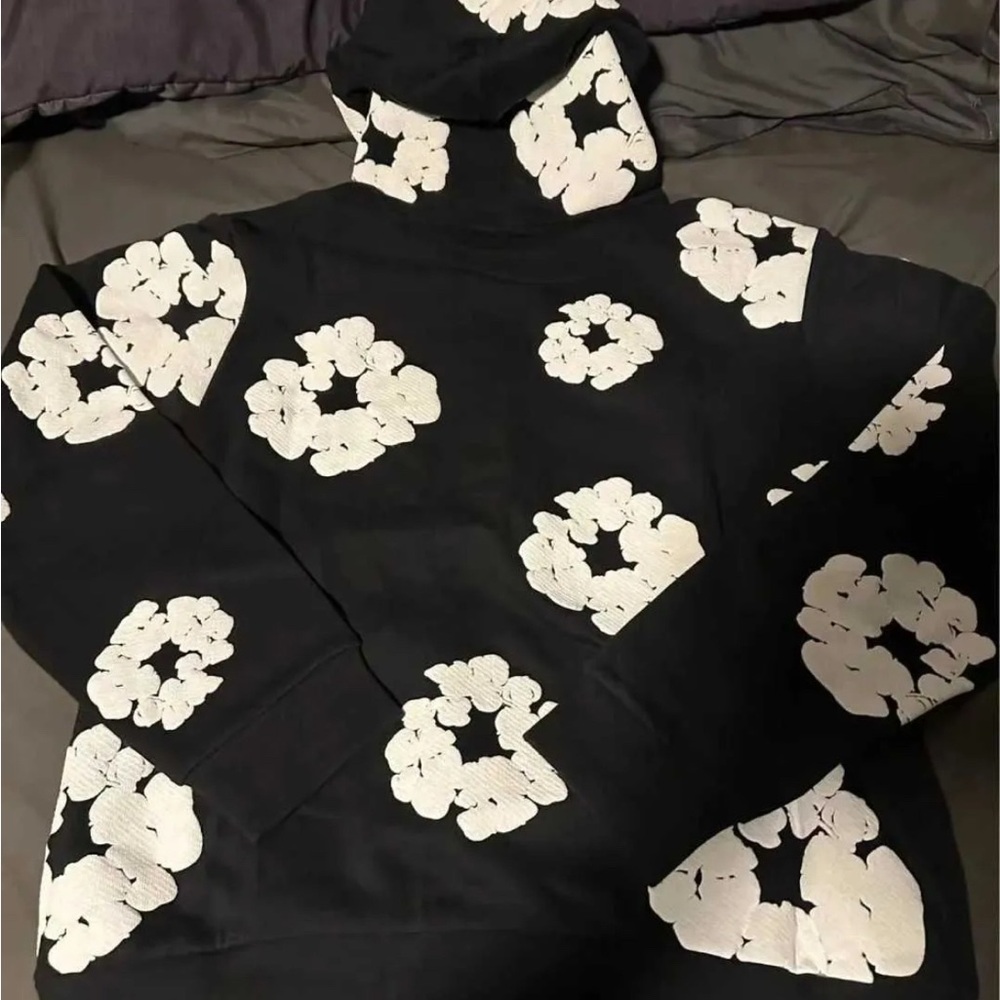 Black Hoodie with White Floral Pattern